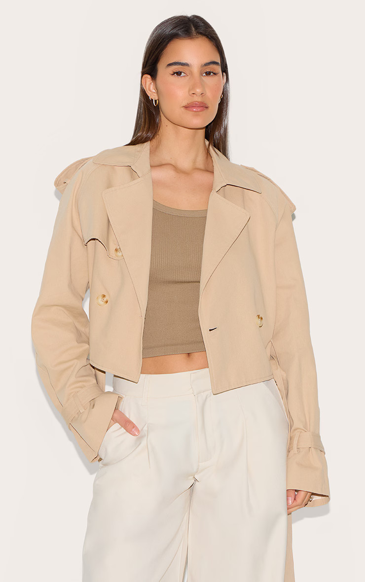Beige Cropped Belted Hem Trench Coat | PrettyLittleThing UK