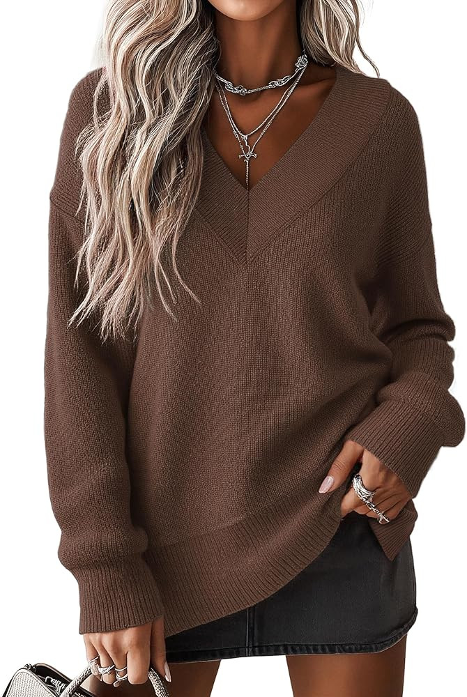 Jouica Women's Sweaters V Neck Pullover Sweater Side Slit Long Sleeve Knit Winter Tops Trendy Out... | Amazon (US)