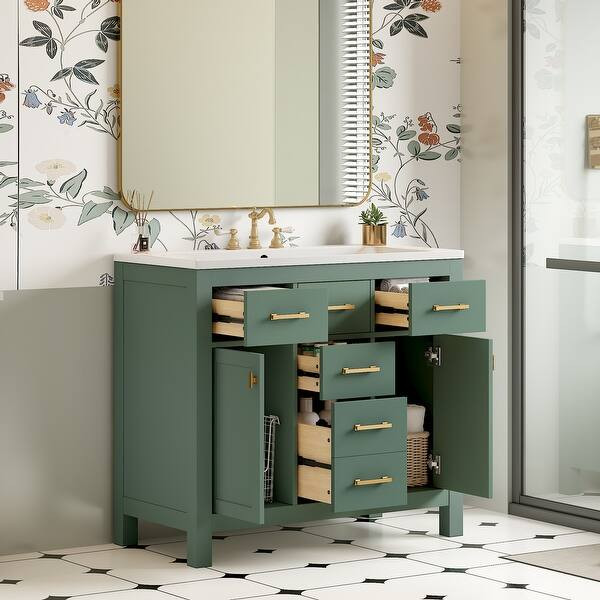 36 in. W x 18 in. D x 34 in. H Bathroom Vanity in Green with White Resin Sink and Four Drawers | Bed Bath & Beyond