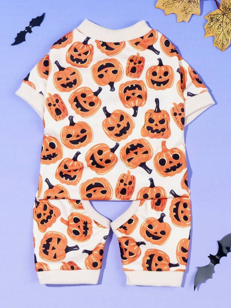 1pc Pumpkin Print Beige 4-Leg Jumpsuit Pajamas, Suitable For Cats And Dogs Indoor And Outdoor Wear | SHEIN