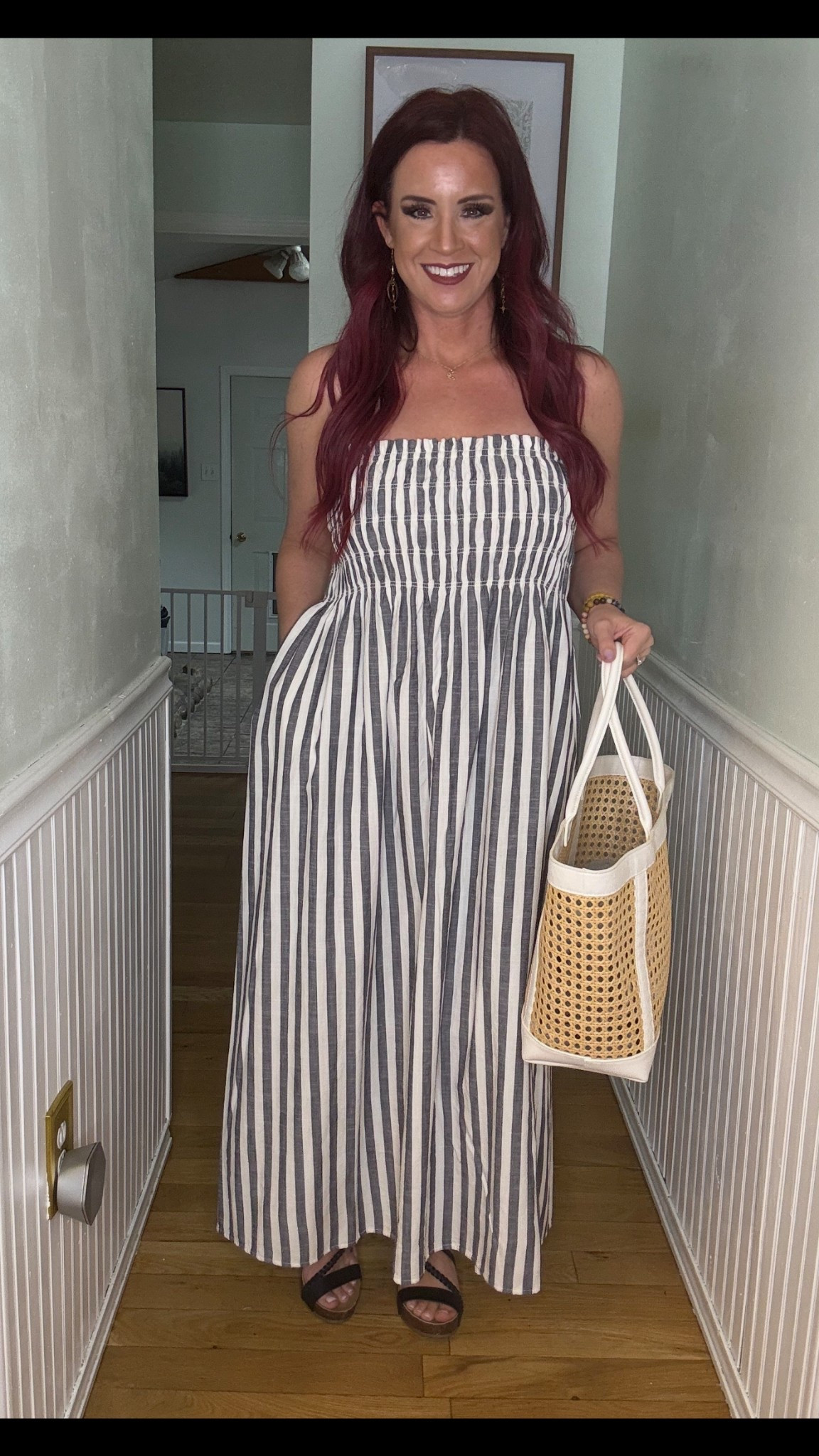 Target striped strapless maxi dress with caned tote bag 

#LTKStyleTip #LTKItBag