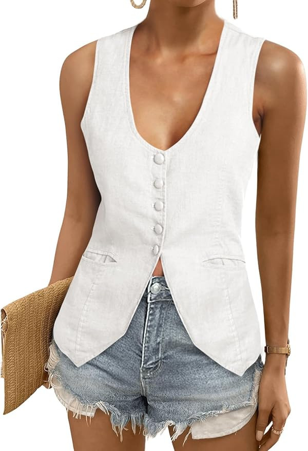 Tankaneo Womens Scoop Neck Blazer Vest Summer Linen Sleeveless Fitted Waistcoat Work Casual Cotto... | Amazon (US)