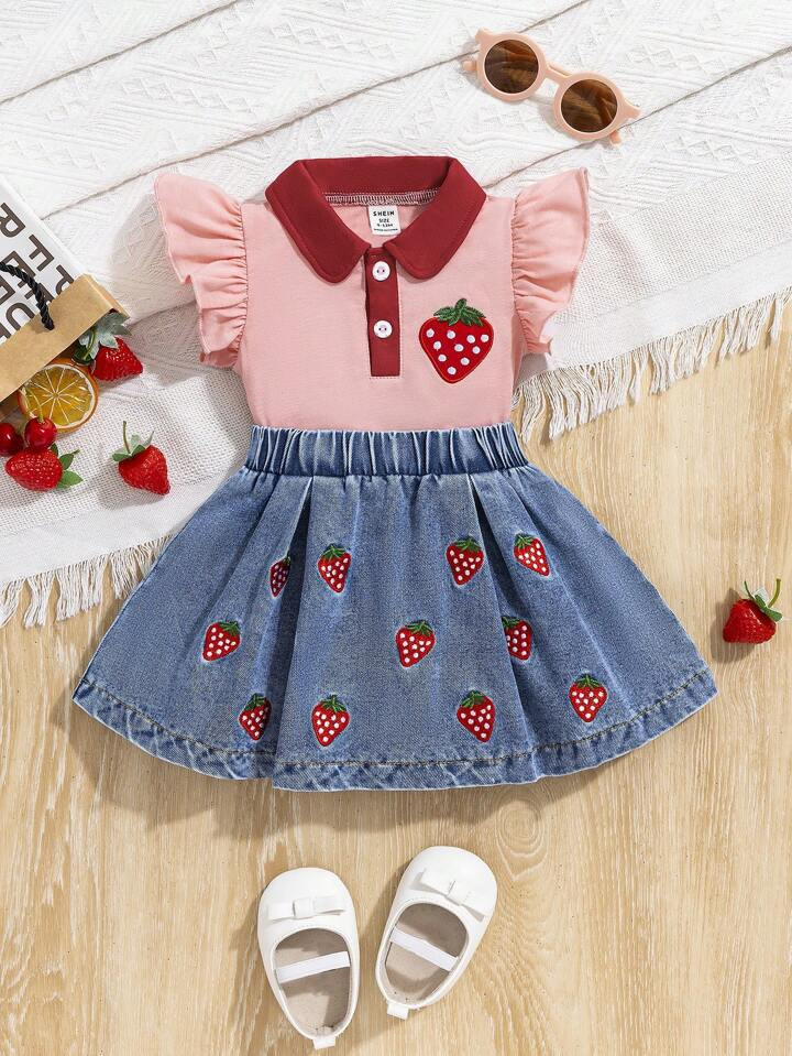 2pcs Baby Girls' Strawberry Top With Ruffle Hem Matched With Cartoon Denim Skirt | SHEIN