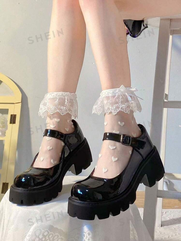 ROMWE Kawaii 1pair Summer Lace Lolita Jk Style Mid-Calf Socks With White Heart Pattern For Cute W... | SHEIN