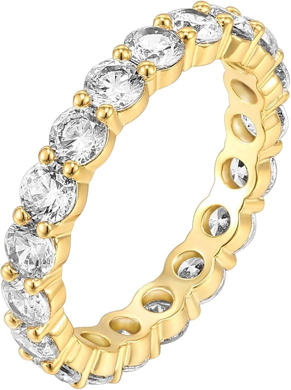 14K Gold Plated Cubic Zirconia Rings | 3.0mm Eternity Bands | Gold Rings for Women | Amazon (US)