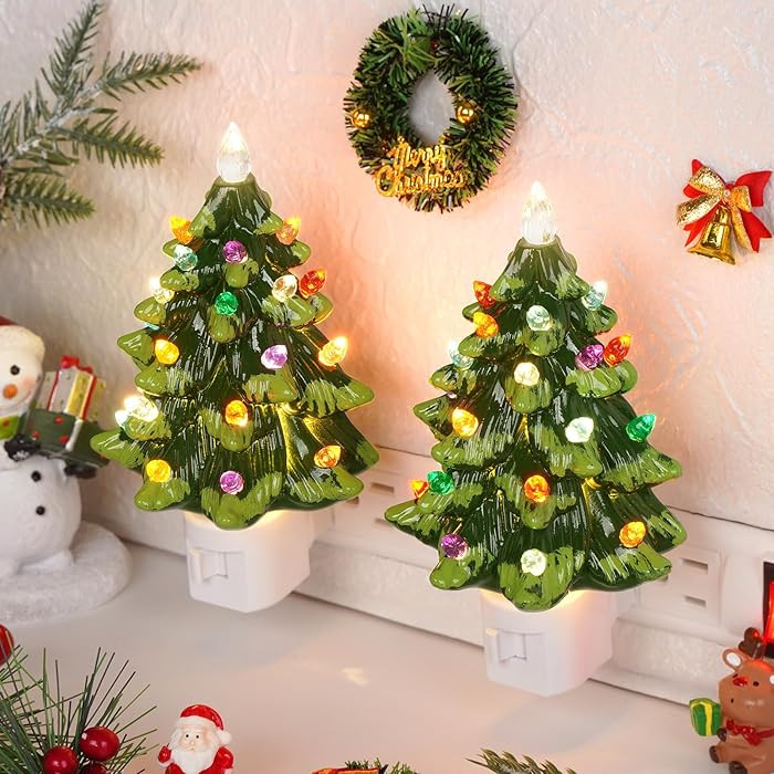 Lakumu 2-Pack 6’’ Christmas Tree Night Lights, Resin Decorative Christmas Night Light with 20... | Amazon (US)