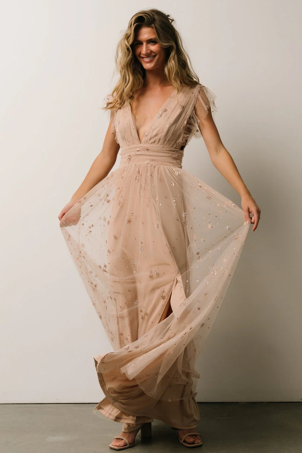 Nova Shimmer Maxi Dress | Natural + Blush | Baltic Born