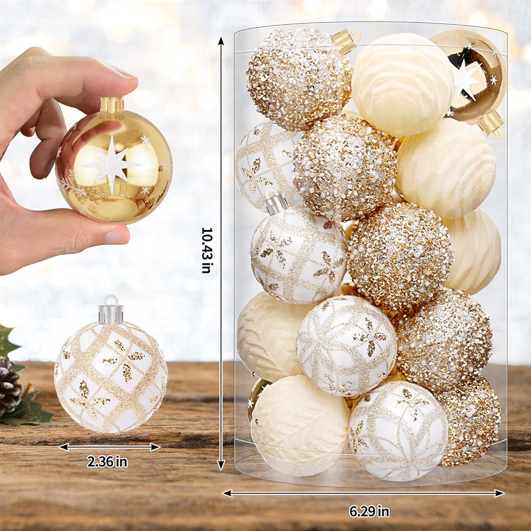 25 Pcs Christmas Ball Ornaments for Xmas Christmas Tree, Shatterproof Hanging Ball for Party Outdoor Decorations, DIY Craft Creations and Office Celebrations (Champagne White, 2.36") | Amazon (US)