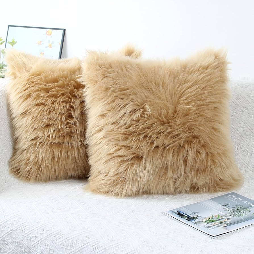 OYIMUA Fluffy Decorative Throw Pillow Covers Beige 20×20, Faux Fur Farmhouse Luxury Pillow Cases... | Amazon (US)