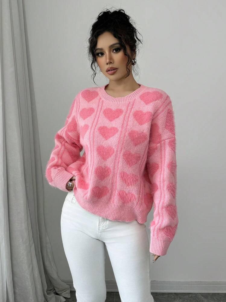 SHEIN ChicEase French Style Casual Heart Pattern Loose Sweater, Autumn/Winter | SHEIN