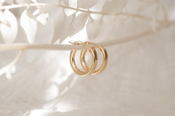 ALMA 14K gold filled Bold Hoop Earrings, Small Chunky Ear Hoop, click closure, dangling charm, US... | Etsy (US)