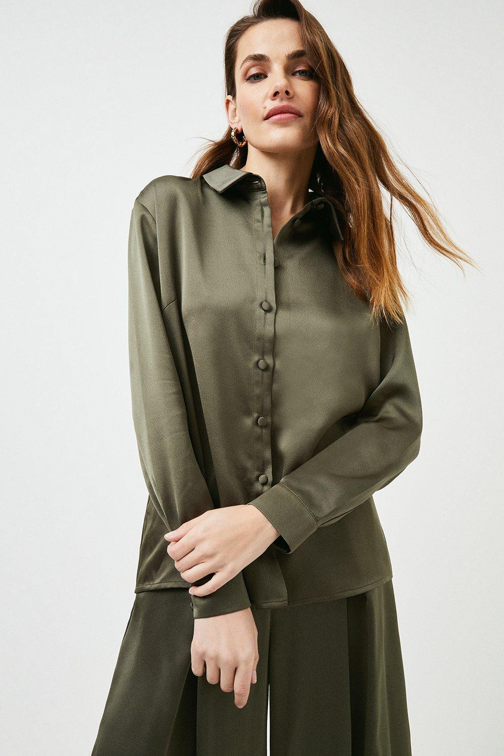 Satin Crepe Long Sleeve Shirt | Karen Millen UK & IE