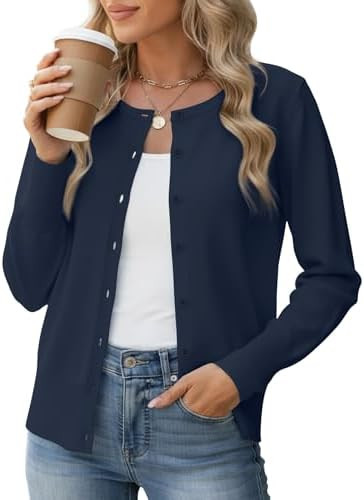 NILOUFO Women's Button Down Long Sleeve Crew Neck Sweaters Cardigan Lightweight Knit Cardigans S-... | Amazon (US)