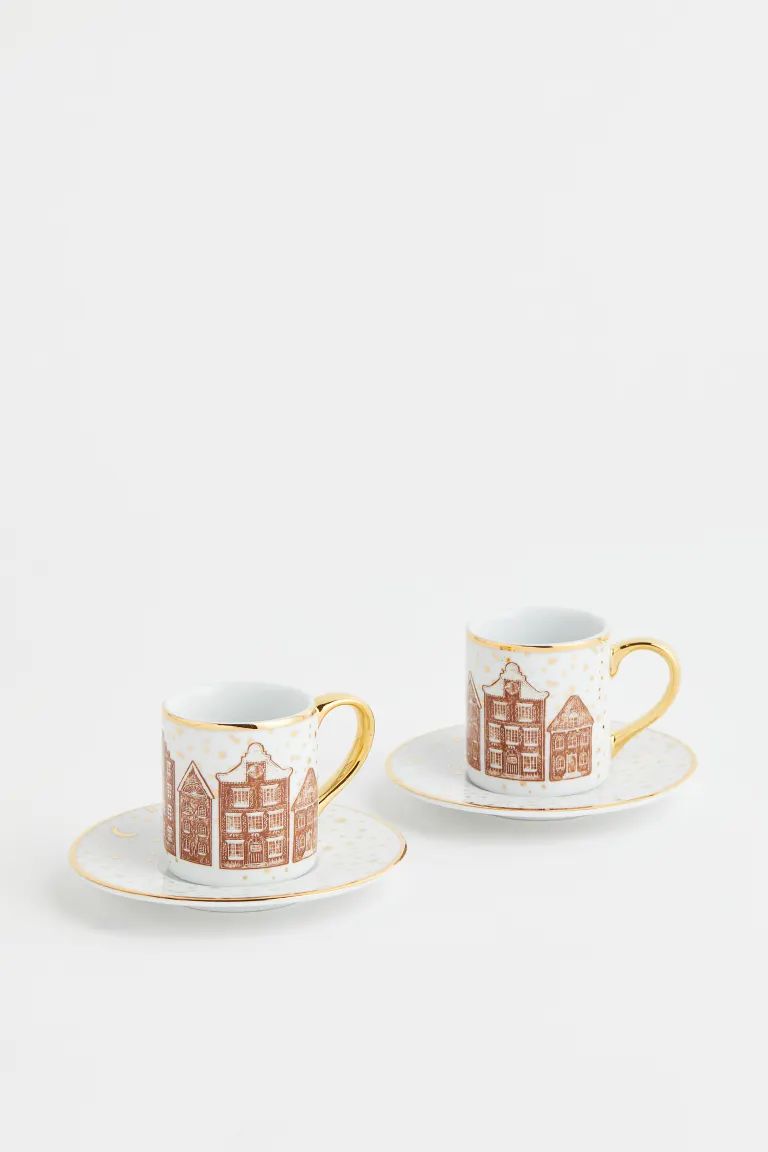 2-pack Espresso Cups & Saucers - White/houses - Home All | H&M US | H&M (US + CA)