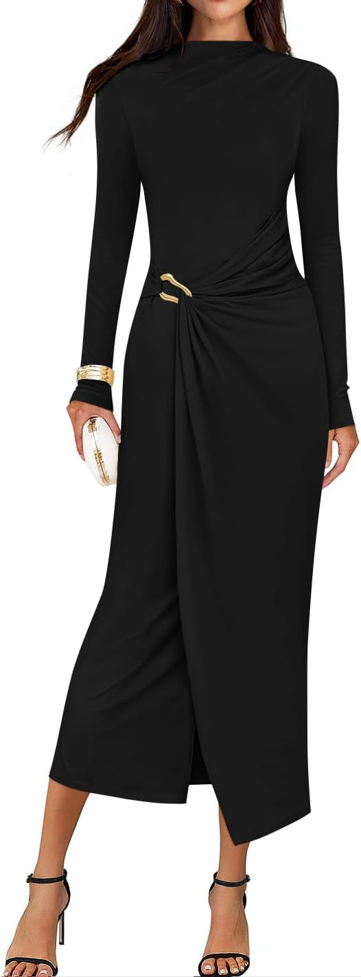 ZESICA Women's 2025 Fall Long Sleeve Bodycon Dress Mock Neck Party Cocktail Wedding Guest Long Mi... | Amazon (US)