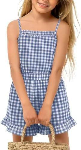 Xaatren Girls Gingham Romper Summer Sleeveless Ruffle Square Neck Overall Shorts Checkered Spaghe... | Amazon (US)