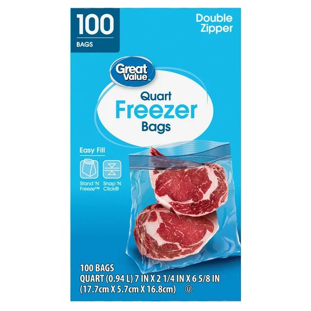 Great Value Freezer Guard Double Zipper Freezer Bags, Quart, 100 Count - Walmart.com | Walmart (US)
