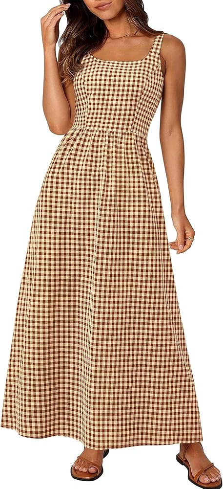 PRETTYGARDEN Women's 2025 Summer Spaghetti Strap Maxi Dresses Plaid Square Neck A Line Casual Bea... | Amazon (US)