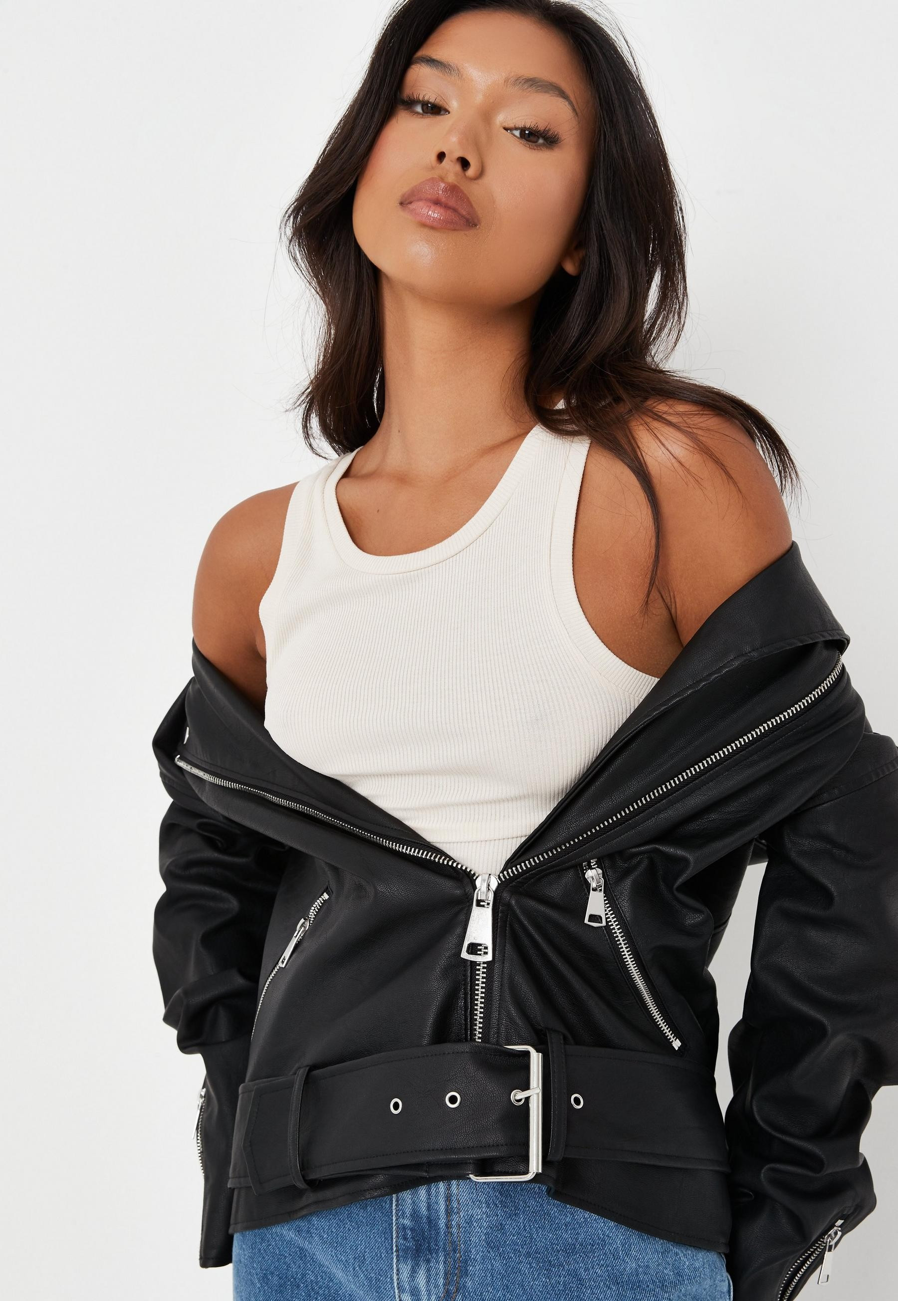Missguided - Black Faux Leather Belted Boyfriend Biker Jacket | Missguided (US & CA)