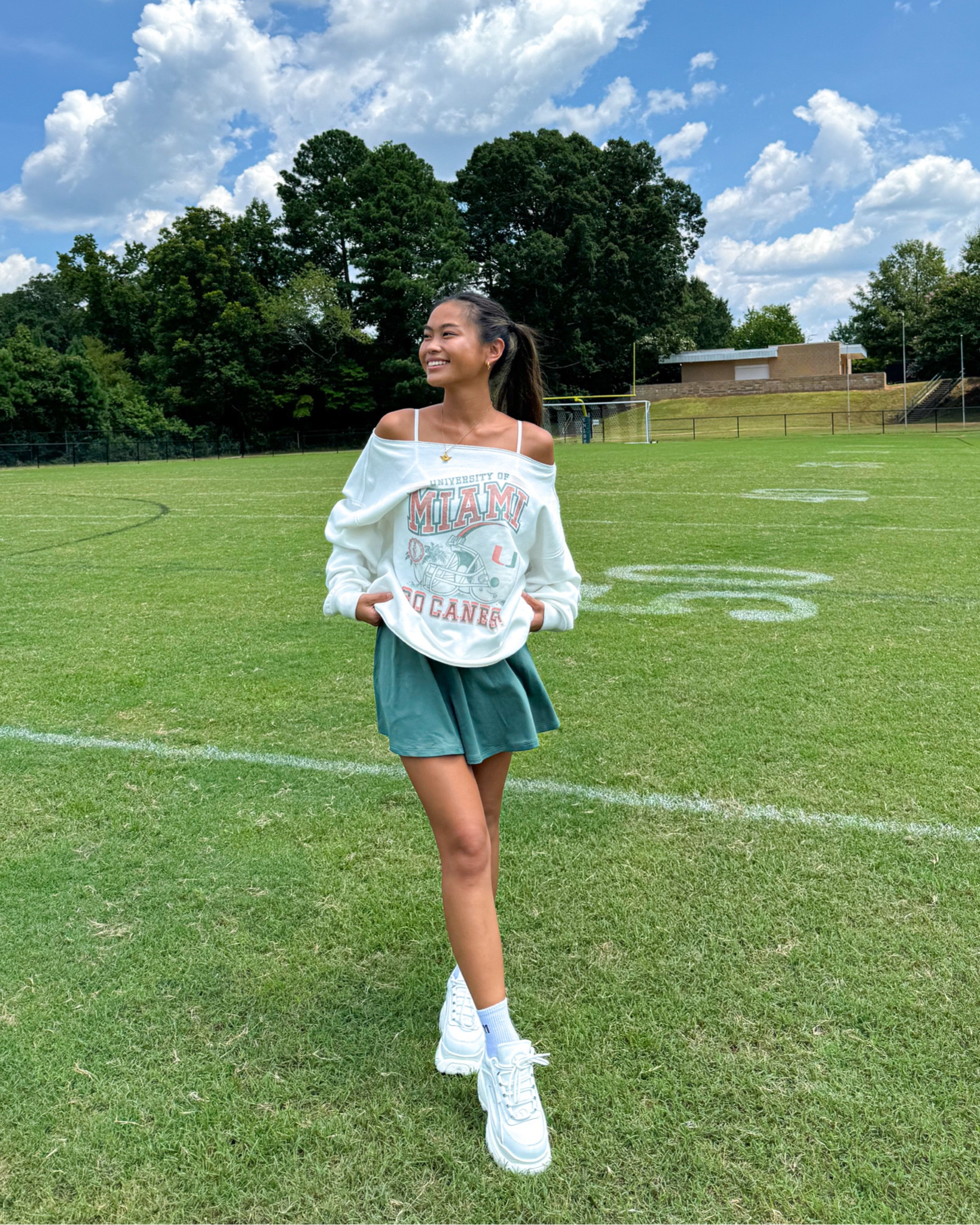 game day outfit inspo, hollister workout dress, miami dolphins sweatshirt, platform sneakers, off the shoulder top, comfy ootd

#LTKSeasonal #LTKWorkwear #LTKActive