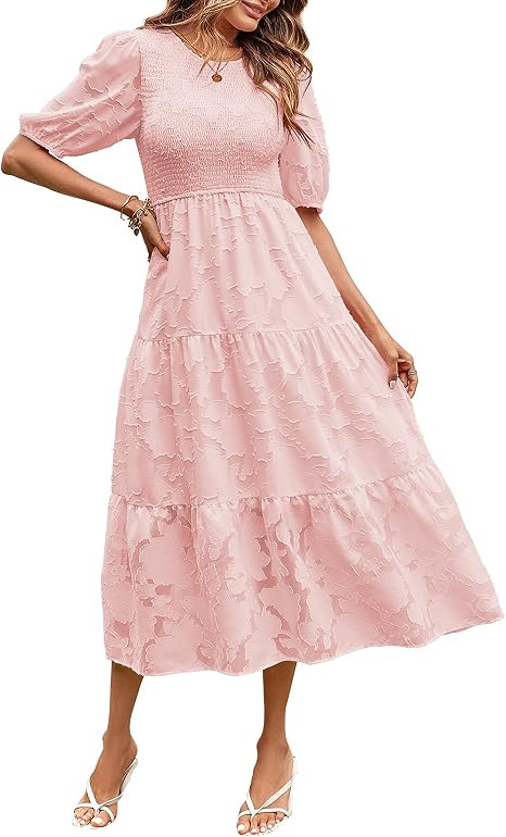 MEROKEETY Women's Summer Puff Sleeve Tiered Midi Dresses | Short Sleeve, Smocked, Floral Lace, Cr... | Amazon (US)