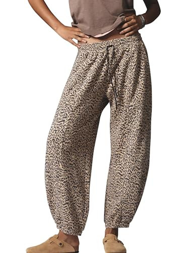 Anoumcy Leopard Pants Women Baggy Sweatpants Casual Cheetah Print Lounge Barrel Pants Trousers with Pockets Khaki XL | Amazon (US)