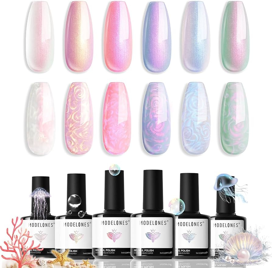 Modelones Pearl Gel Nail Polish Set, 6 Colors Aurora Iridescent Shimmer White Pink Purple Mermaid... | Amazon (US)