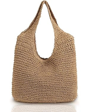 QTKJ Hand-woven Soft Large Straw Shoulder Bag Boho Straw Handle Tote Retro Summer Beach Bag Ratta... | Amazon (US)