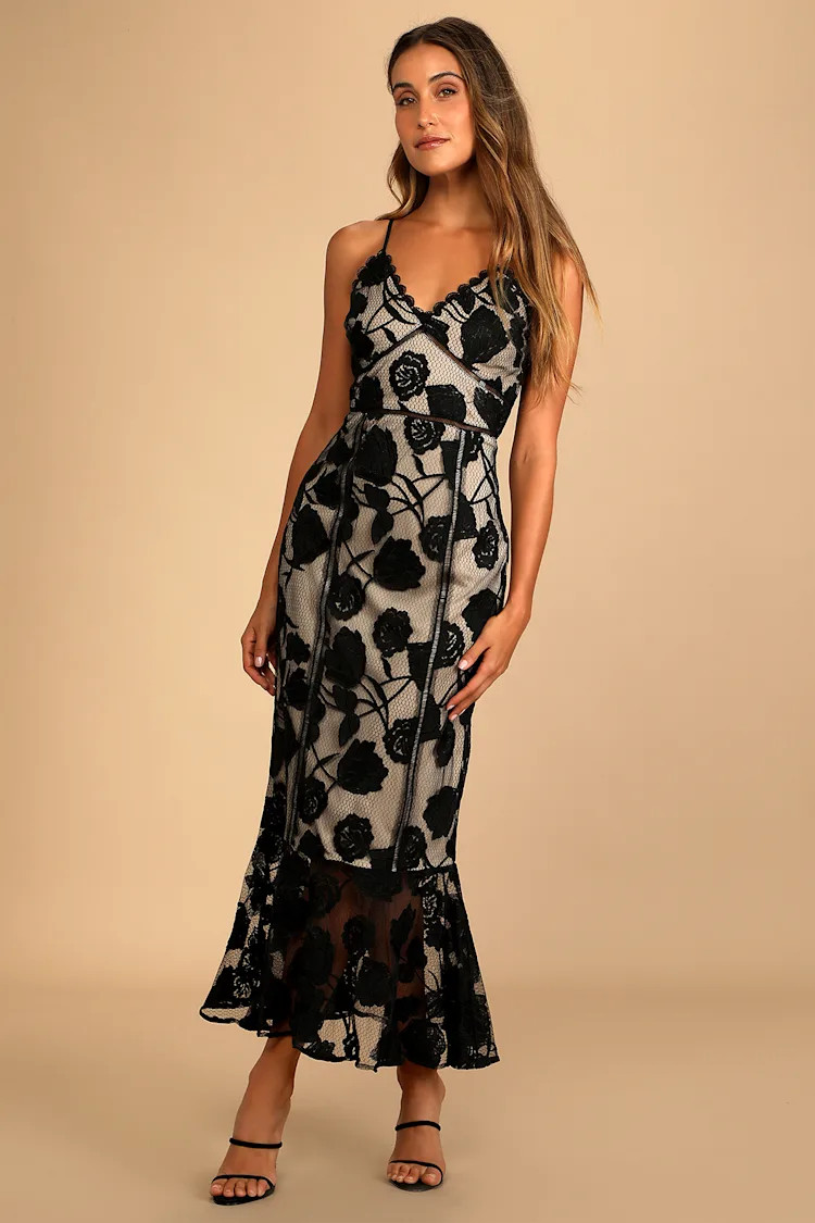 Alluring Dream Black Floral Mesh Lace Trumpet Midi Dress | Lulus