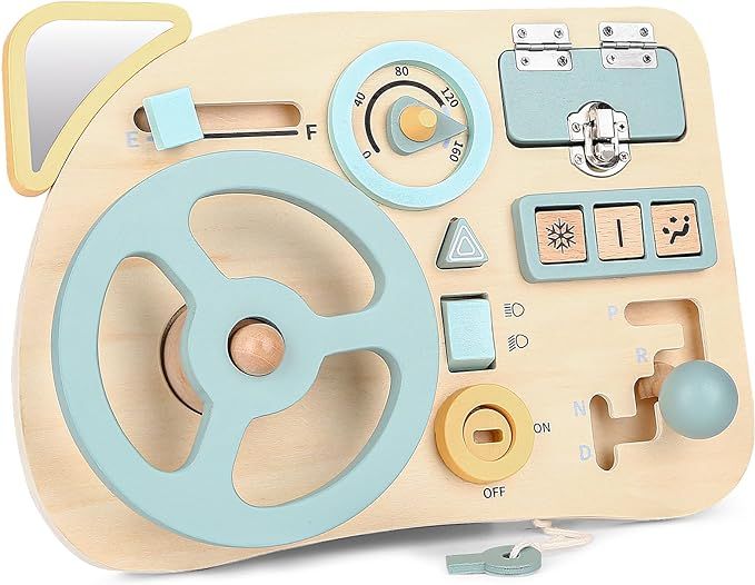 Montessori Busy Board Toy for Toddlers, Car Wooden Sensory Board Educational Toys with 10 Fine Ac... | Amazon (US)