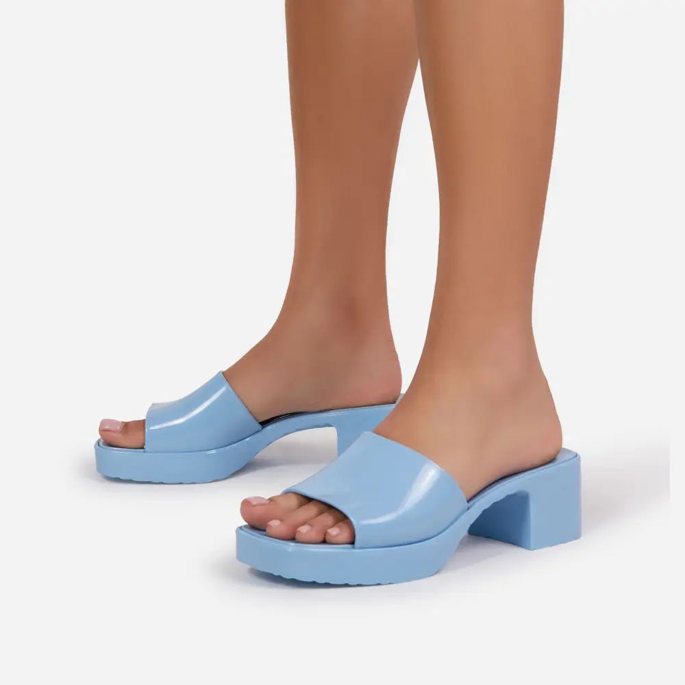 Rhea Square Peep Toe Platform Block Heel Mule In Blue Rubber | EGO Shoes (US & Canada)