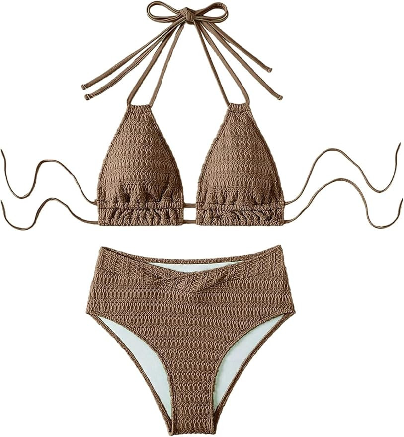 SweatyRocks Women's Two Piece High Waisted Bikini Sets Textured Halter Bathing Suit | Amazon (US)