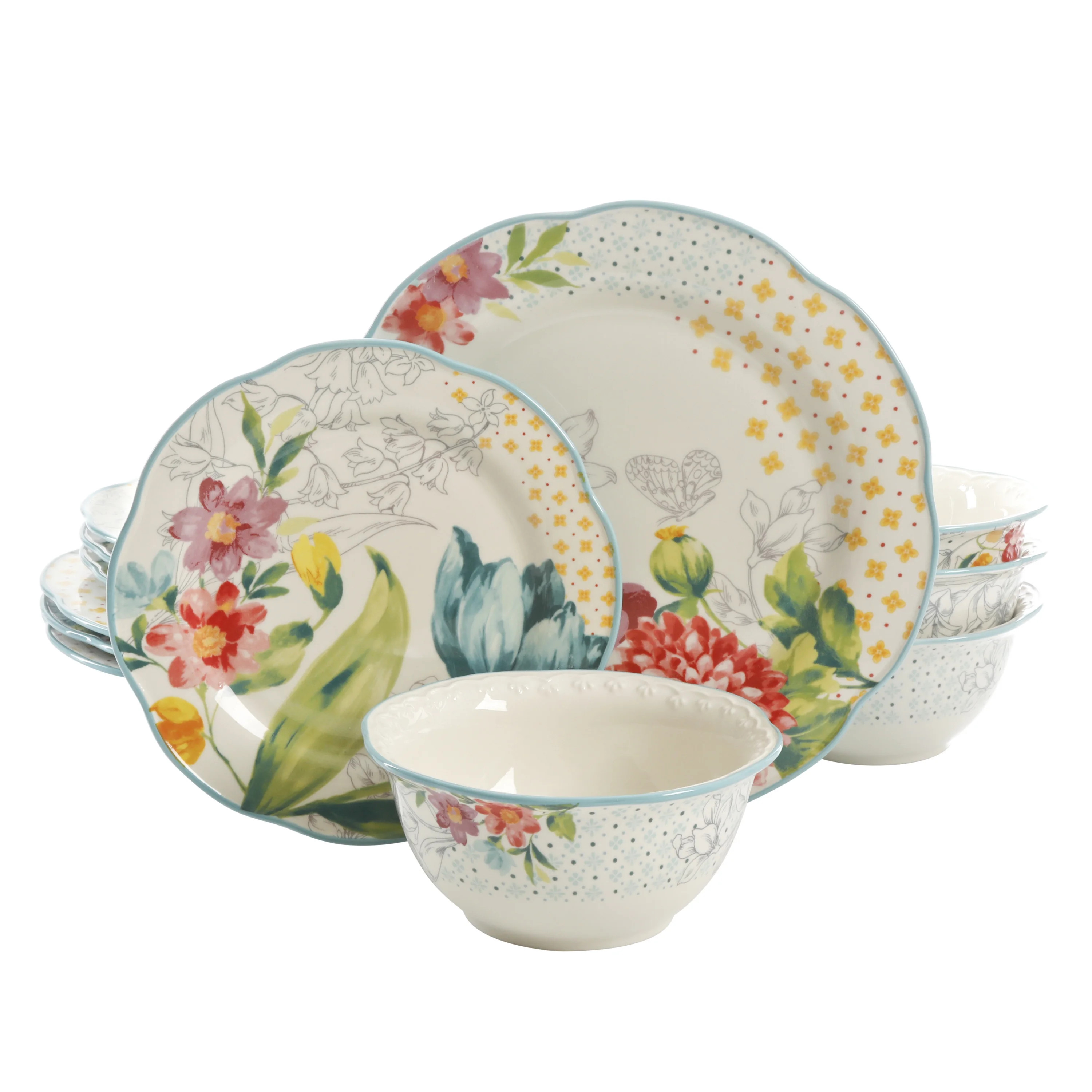 The Pioneer Woman Blooming Bouquet White Ceramic 12-Piece Dinnerware Set | Walmart (US)