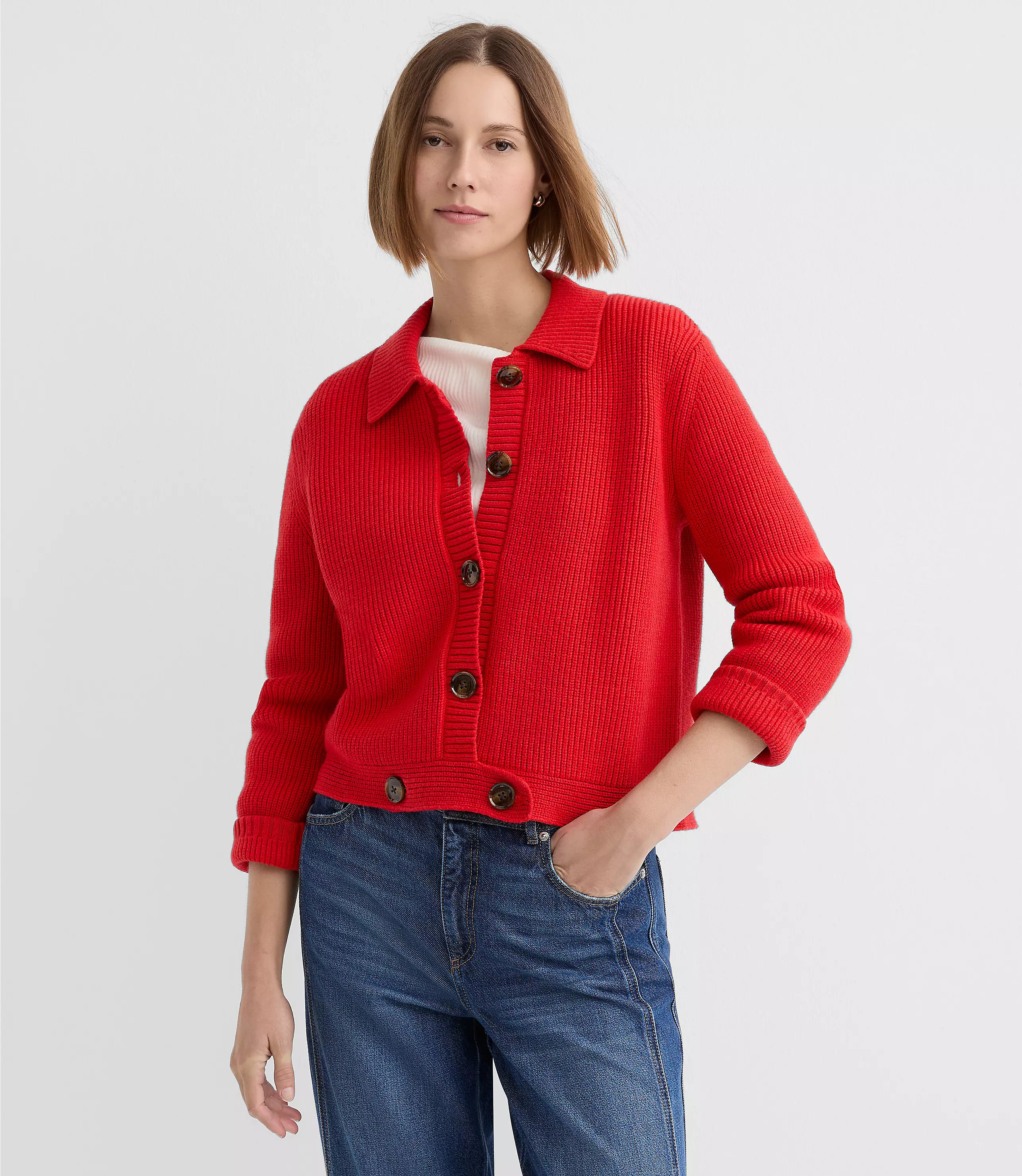 Ribbed Button Tab Sweater Jacket | LOFT