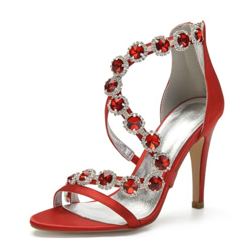 Women's Bridal Wedding Sandals High Heels Crystal Satin Ankle Strap Rhinestones Zipper Back Formal Evening Prom Party Dress Shoes Pumps Red | Amazon (US)