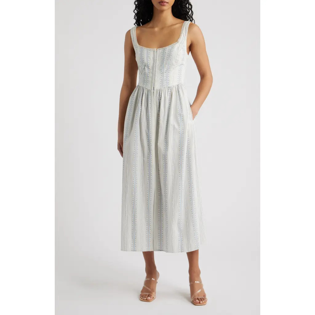 LoveShackFancy Majory Floral Stripe Cotton Dress in Cinched Blue at Nordstrom, Size 12 | Nordstrom