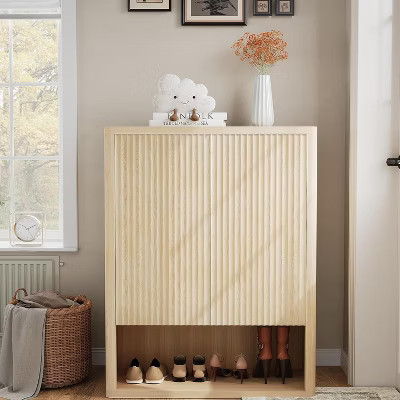 Shoe Storage Cabinet for Entryway, Slim Wooden Shoe Organizer with Fluted Doors & Adjustable Shelves, Narrow Shoe Rack for Hallway, Porch, Oak | Target
