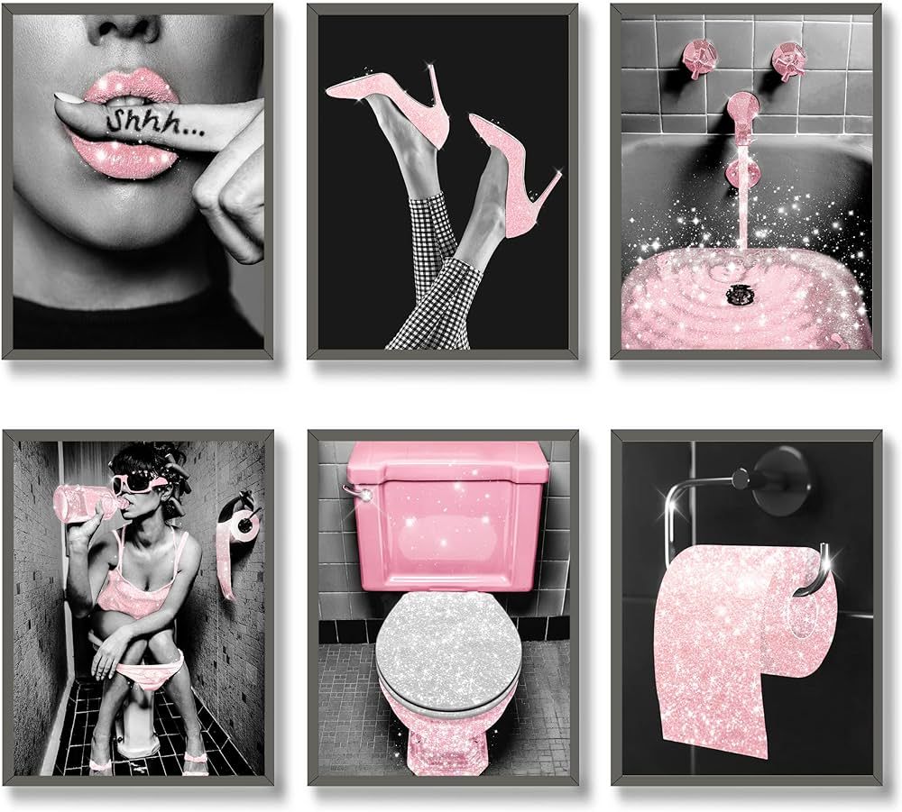 Luodroduo Fashion Wall Art Bathroom Decor Prints Set of 6 Pink Glam Glitter Tissue Canvas Posters... | Amazon (US)