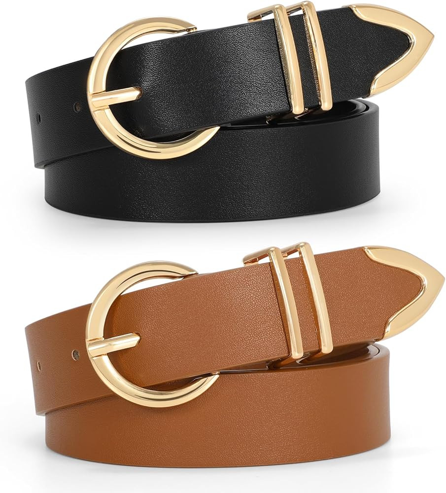 VONMELLI 2 Pack Women's Leather Belts for Jeans Dresses Fashion Gold Buckle Ladies Belt | Amazon (US)