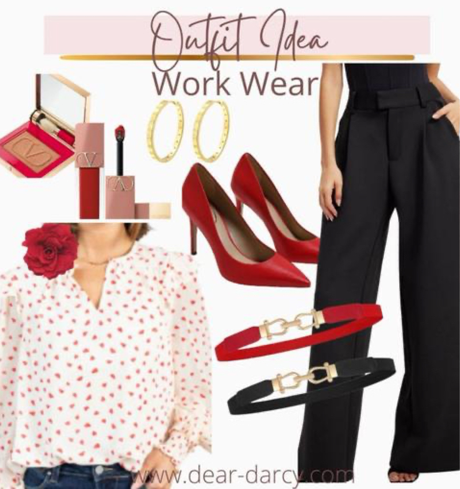 Outfit inspiration🖤💋♥️

Work wear with a touch of love🖤

This sweet blouse with tiny hearts ♥️
I’ve had this shirt a couple seasons and love it♥️ fits tts and looks cute with trousers shown or jeans!

This look is perfect for the office!

Trousers- good American scuba trousers 
Fits tts , a great wide leg and works if your tall 

Thin belts 2 pack under $15

Red heal fits fits 

Valentino ip stick - buttery soft like silk on your lips 💋

Valentino  powder! Gives your skin a flawless finish 

Heart beaded earrings ♥️