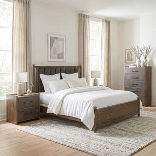 Jordan 3-Piece Dark Walnut Wood Queen Panel Bedroom Set with Nightstand and Chest With Faux Leather Panels | The Home Depot