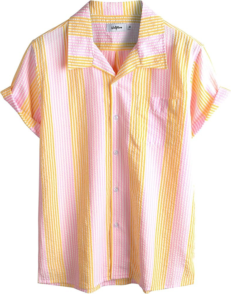 VATPAVE Mens Casual Striped Shirts Short Sleeve Button Down Summer Shirts Regular Fit Beach Shirt... | Amazon (US)