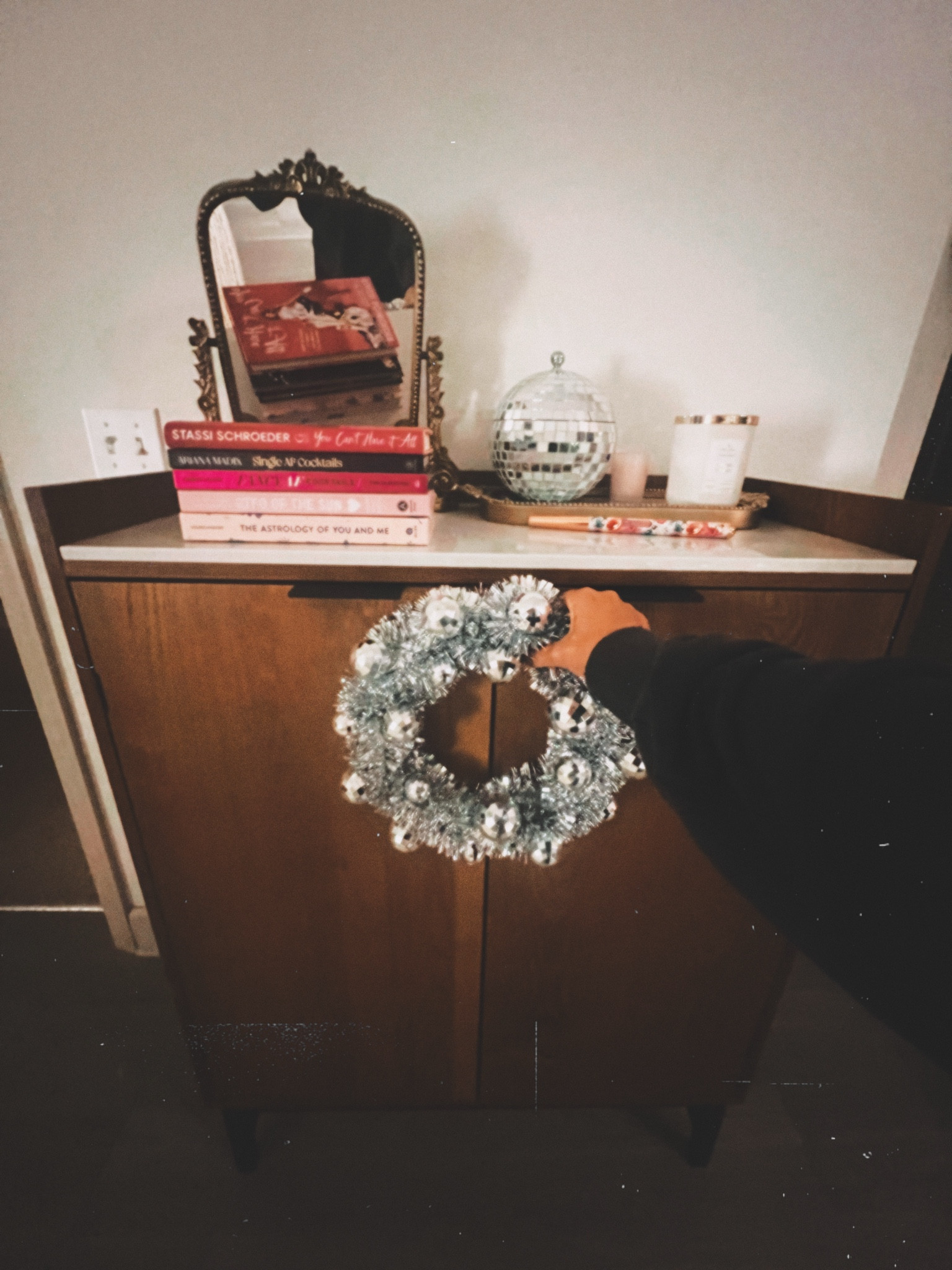 add some holly jolly razzle dazzle to your bar cart or bar cabinet by simply adding a fun wreath ✨ this one is from Bullseyes Playground at Target ❤️ I’ll link it once I find it!

my bar cabinet is a Crate and Barrel look for less from ALDI 💙 linked the Crate and Barrel one below & a similar bar cabinet from Amazon!

#LTKHoliday #LTKSaleAlert #LTKFindsUnder50