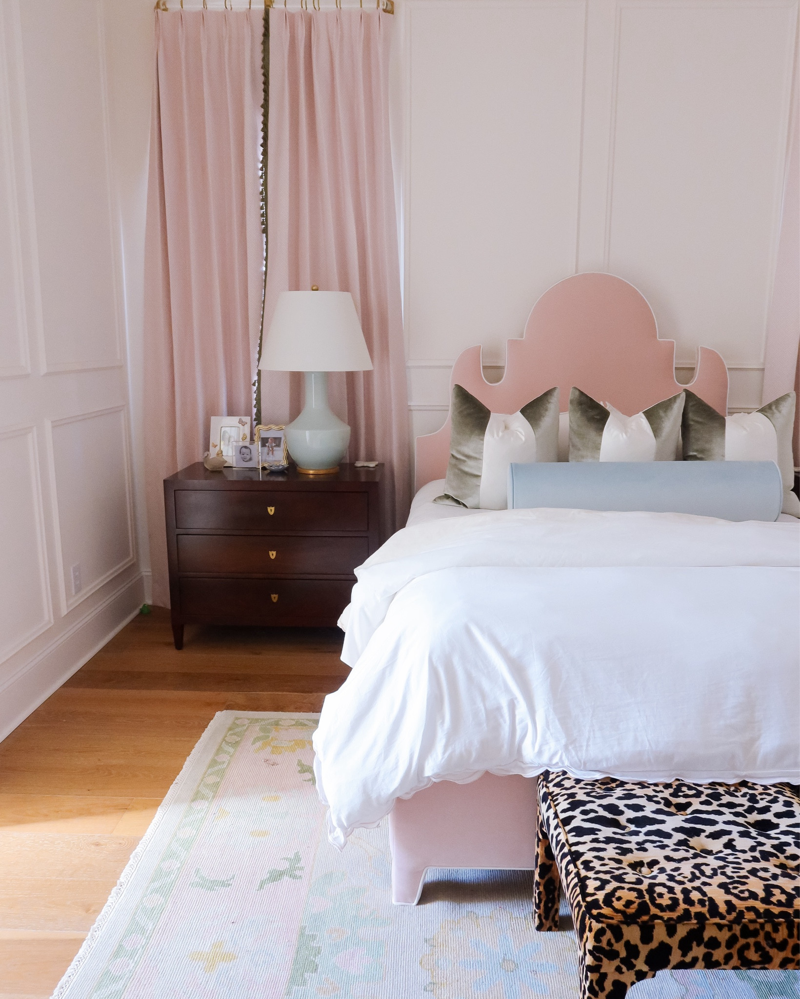 Home decor | bedroom | bedroom design | leopard ottoman | bolster pillow | bedroom rug | blue lamp | visual comfort | oushak rug | bedding | scallop bedding | pink and green room 

#LTKHome #LTKFamily #LTKStyleTip