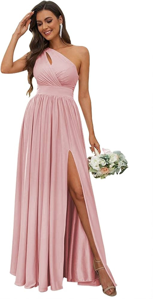 SYYS Stretchy One Shoulder Bridesmaid Dresses for Women 2023 Long Silk Satin Formal Dresses with ... | Amazon (US)