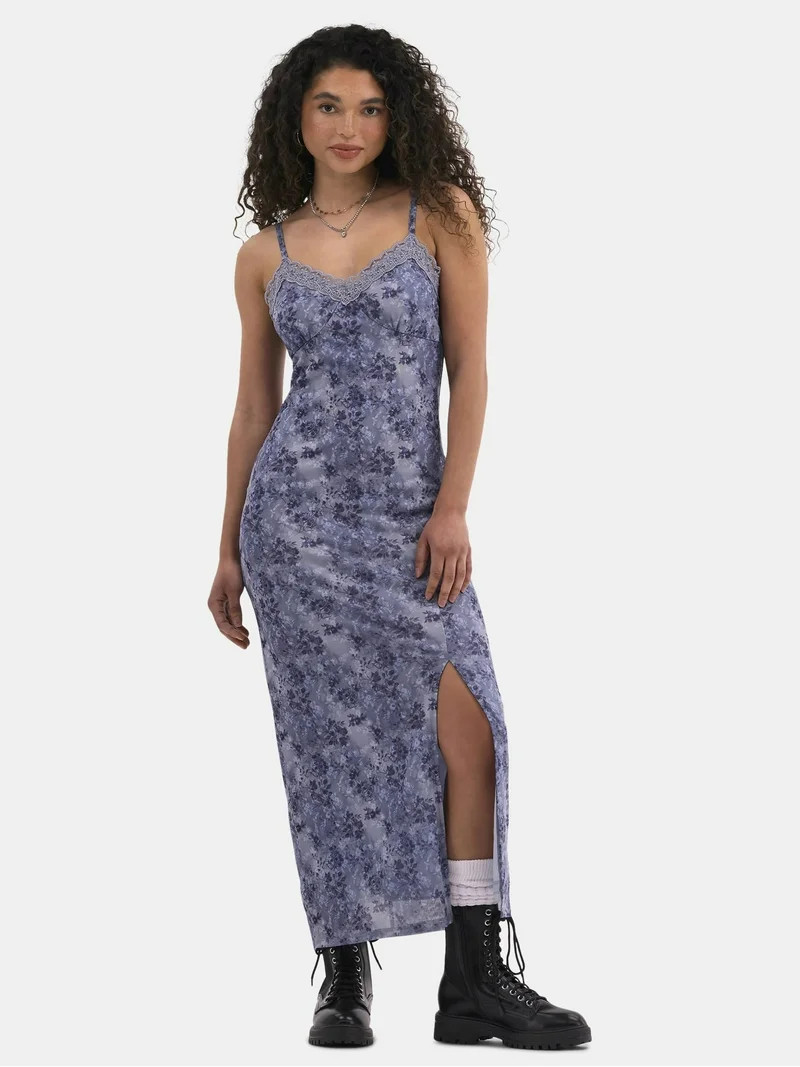 No Boundaries Lace Trim Maxi Mesh Dress, Women's | Walmart (US)