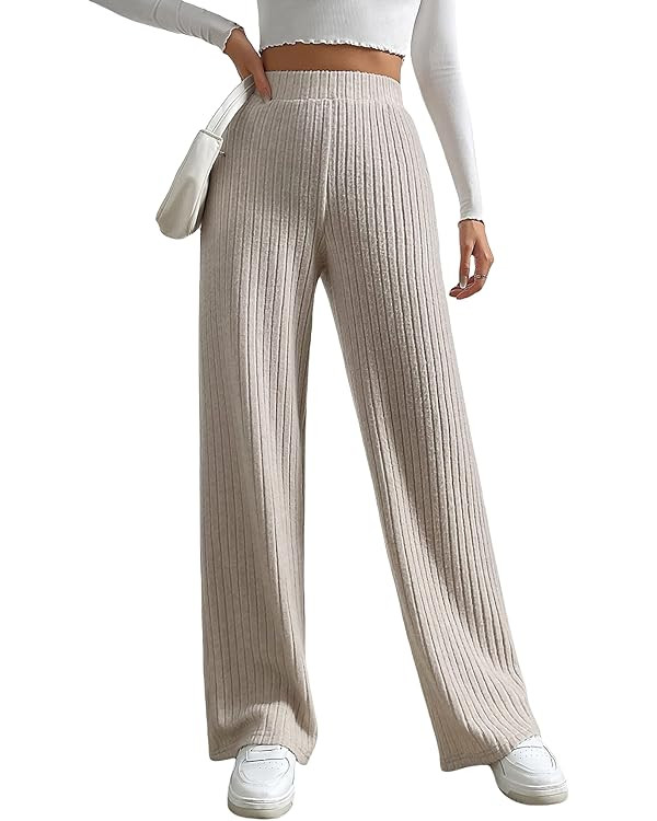 SOLY HUX Women's Casual Elastic High Waisted Knit Wide Leg Loose Long Lounge Pants Trousers | Amazon (US)