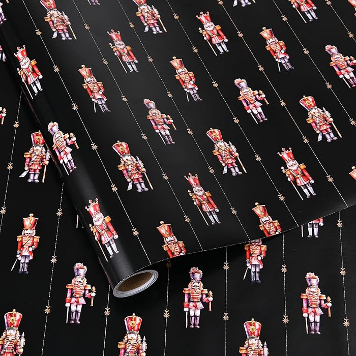 Titiweet Nutcracker Christmas Wrapping Paper – 17" x 16.4 ft – Elegant Black & Gold Holiday G... | Amazon (US)