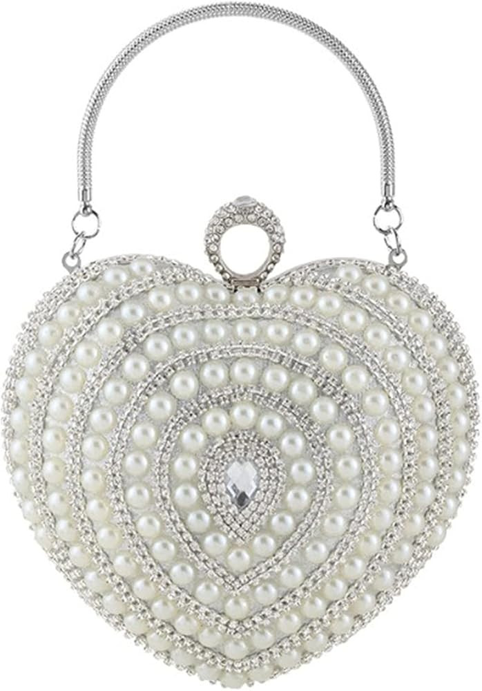 Women Pearl Heart Shape Evening Clutch Purses Dazling Crystal Handbag Crossbody Shoulder Bag for ... | Amazon (US)