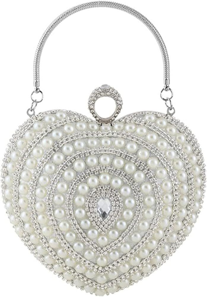 Women Pearl Heart Shape Evening Clutch Purses Dazling Crystal Handbag Crossbody Shoulder Bag for ... | Amazon (US)